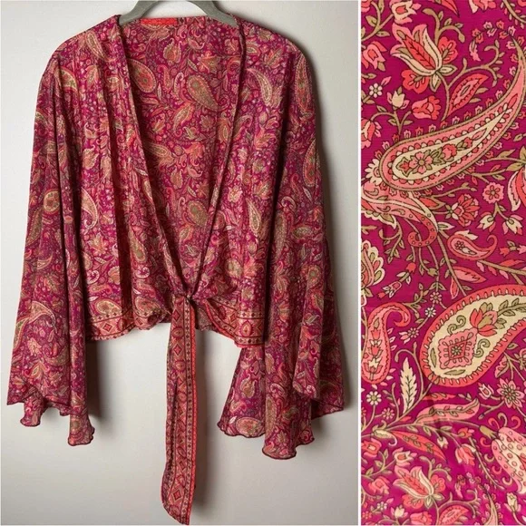 SOLD Vibrant Boho Tie Blouse Size XL Top Flutter Sleeves Paisley Floral Silk - Picture 1 of 8